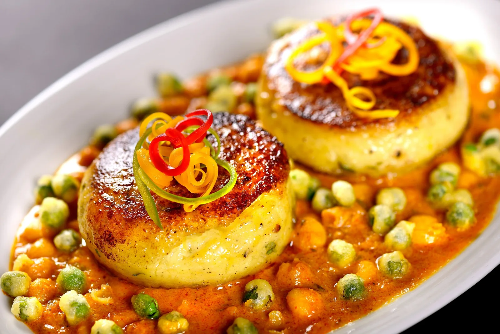 Pan-seared potato cakes in chickpea and pea masala with vegetable curls — restaurant food photography Dubai