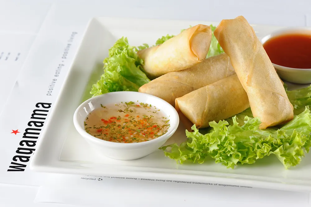 Crispy spring rolls with dipping sauces, Wagamama restaurant photography