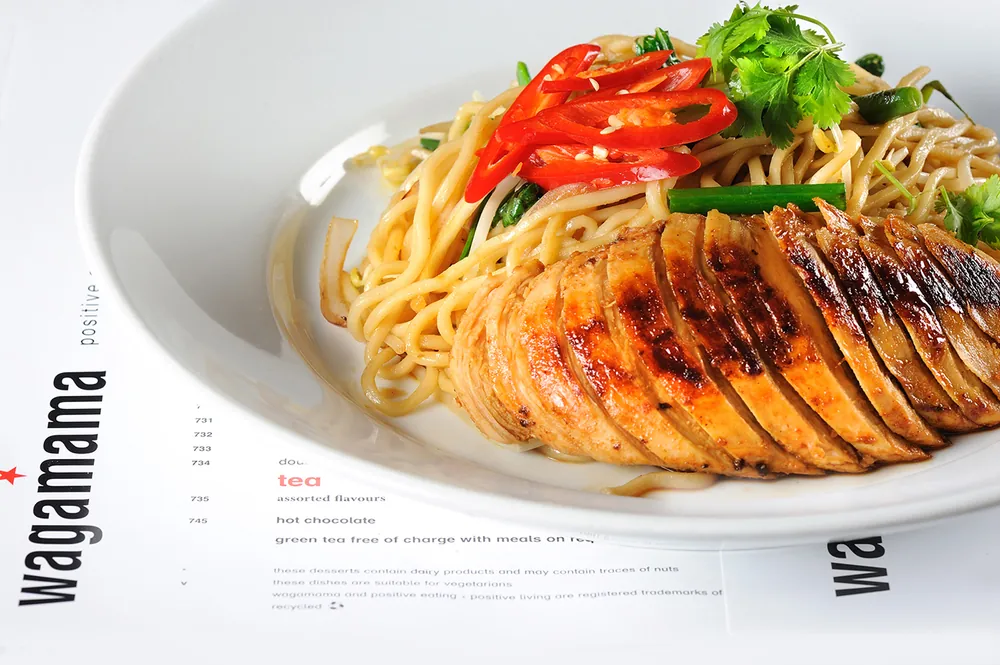 Grilled chicken noodles, Wagamama pan-Asian restaurant photography